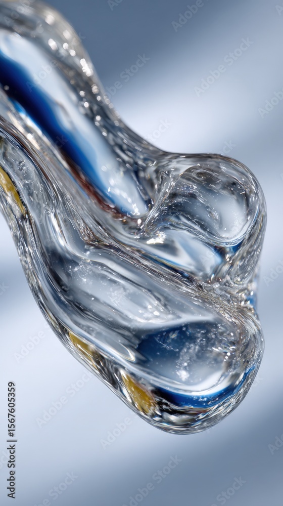 Poster Close-up of Clear Water Splash Falling and Creating Dynamic Flow with Light Reflection in High Detail and Focus