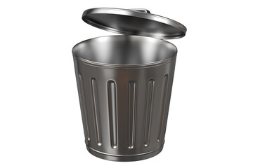3D icon of a Metal bin with a White lid and a recycling symbol icon, isolated on white transparent background. Minimal Cartoon Metal Recycle bin icon. 3d render.