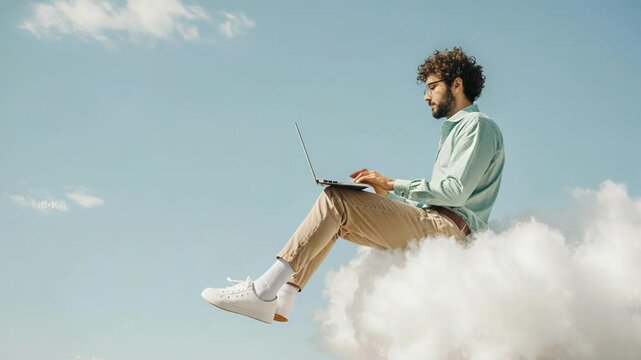 young man flying with laptop on cloud