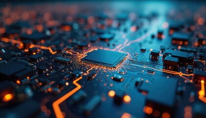 Circuit board macro shot. Glowing neon orange lines trace paths across dark blue circuits. Computer chip, components, connections signify high tech, business, science fiction concepts.