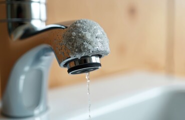 Close-up chrome faucet with heavy limescale buildup on spout. Water drips from tap, indicating need for cleaning. Mineral deposits, hard water stains, and corrosion are evident.