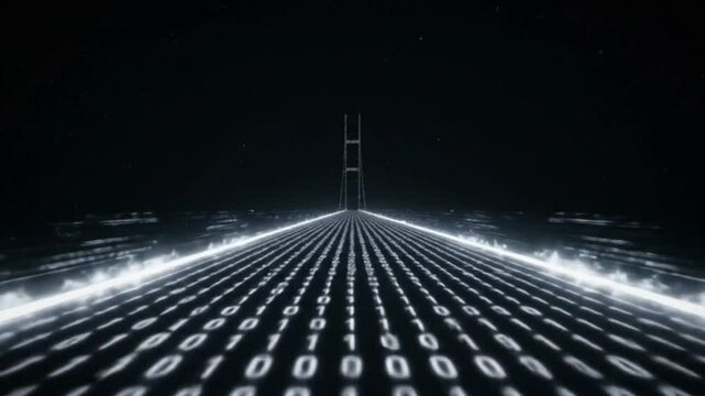 Glowing Binary Bridge Over Void with Flowing Data Streams and Lateral Camera Motion