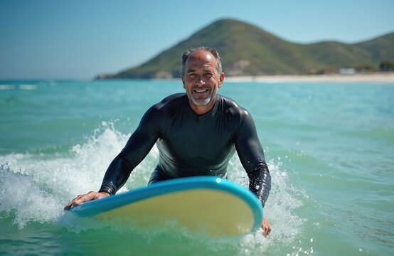 Mature man with white hair enjoys surfing in turquoise sea waters, wearing a black wetsuit. He smiles, paddling his surfboard, creating ocean splashes under a clear blue sky. - Powered by Adobe