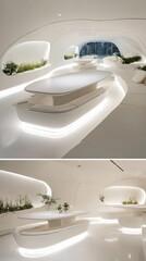 Modern, white, flowing architectural design.  Interior shots of a reception area or lounge.  Smooth, curved surfaces,  lighting accents