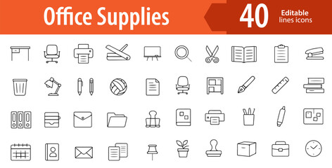 Office Supplies Line Icons, Pen, Stapler, Paper Clip, Notebook, Scissors, Editable Formats: AI, EPS, PNG, JPG, Ideal for Both Digital and Print Use
