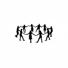 Silhouette of people doing group dance in circle on white background