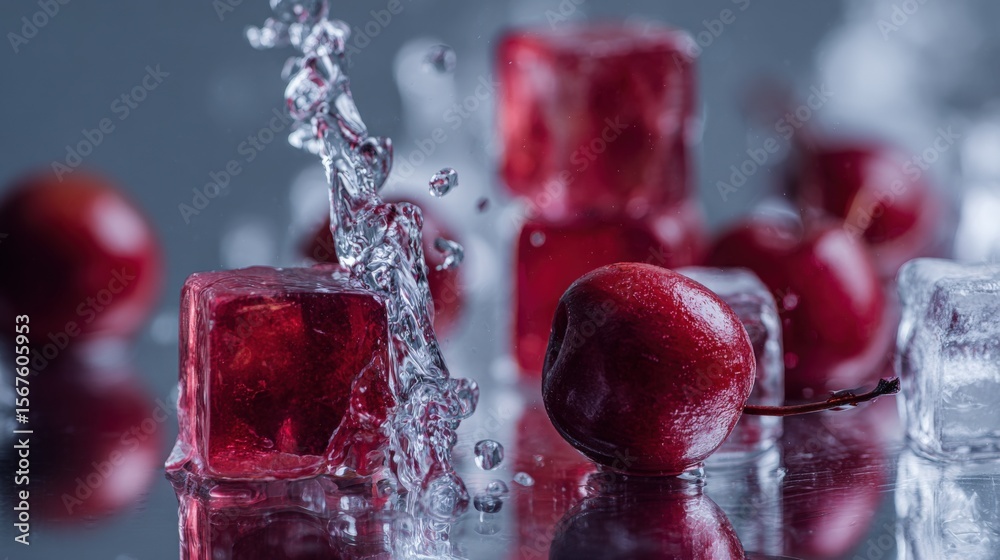 Aufkleber Refreshing Red Cherries and Ice Cubes with Water Splash on Cool Metallic Surface for Summer Fruit Snack Presentation