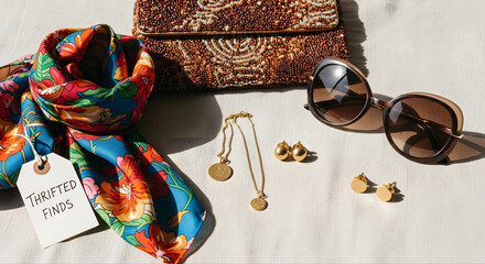 Flatlay featuring secondhand accessories including a silk scarf, beaded clutch, retro sunglasses, and minimalist jewelry arranged on linen fabric with a kraft “Thrifted Finds” tag. 