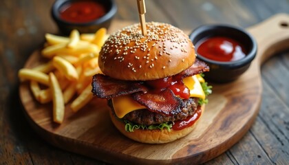Juicy gourmet burger with crispy bacon, melted cheese, fresh lettuce served on rustic wooden board. Accompanied by golden french fries, ketchup dips. Perfect for food blogs, restaurants, fast-casual