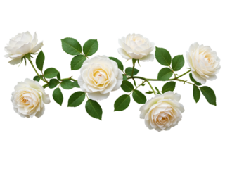 Delicate white roses and green leaves arranged on a vine isolated on transparent background