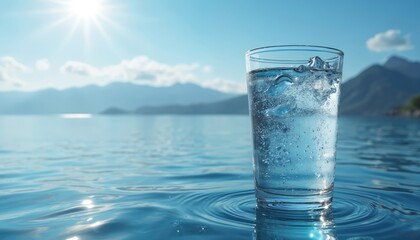 Glass of pure, clear water with ice floating in, set against serene backdrop of vast blue lake, majestic mountains, bright sunny sky. Image suggests refreshment, beauty of nature, perfect for