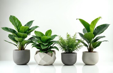 Obraz premium Four potted green plants in modern planters displayed against clean white background. Features rich foliage, tropical leaves, varied textures. Ideal for home decor, interior design, creating natural,