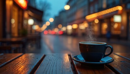 Steaming cup of coffee rests on wooden table outside cafe at night. Soft bokeh lights from street lamps, shop windows create warm atmosphere. Perfect for cafe promotions, winter evenings, cozy city