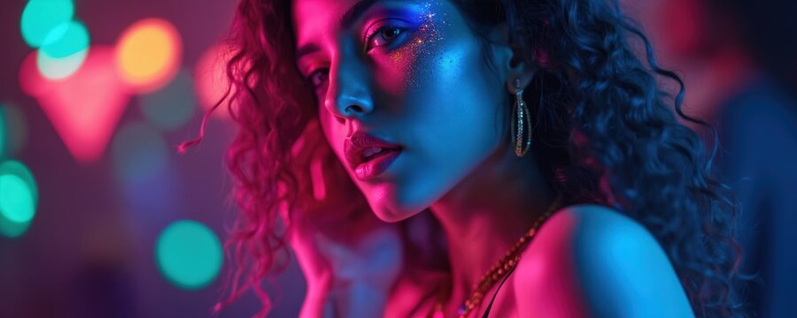 Woman with fluorescent makeup dances in neon light. Portrait of model with colorful make-up in night club atmosphere. Disco dancer poses under UV light with bright makeup, jewelry. Nightlife, party