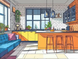 sharp picture of Bright flat interior with kitchen and bar island living room and window high detail