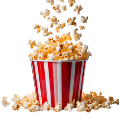 Popcorn flying out of red white striped paper box isolated on png background
