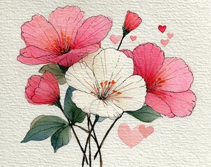 Watercolor painting of pink and white flowers with a heart outline drawn in black ink in a minimalist style on a textured paper background.