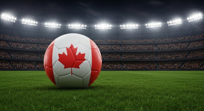 Canada Flag on Soccer Ball on Field in the Stadium, Symbol of Football Competition and National Pride. International Football Match.