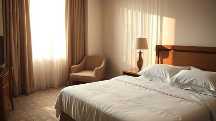 Fototapeta premium A serene hotel room bathed in morning light, with neatly made bed and sheer curtains.
