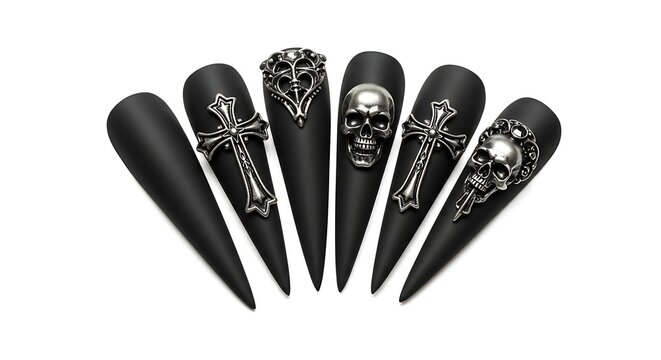 Gothic Nail Art Designs Black Matte Nails with Silver Cross and Skull Accents