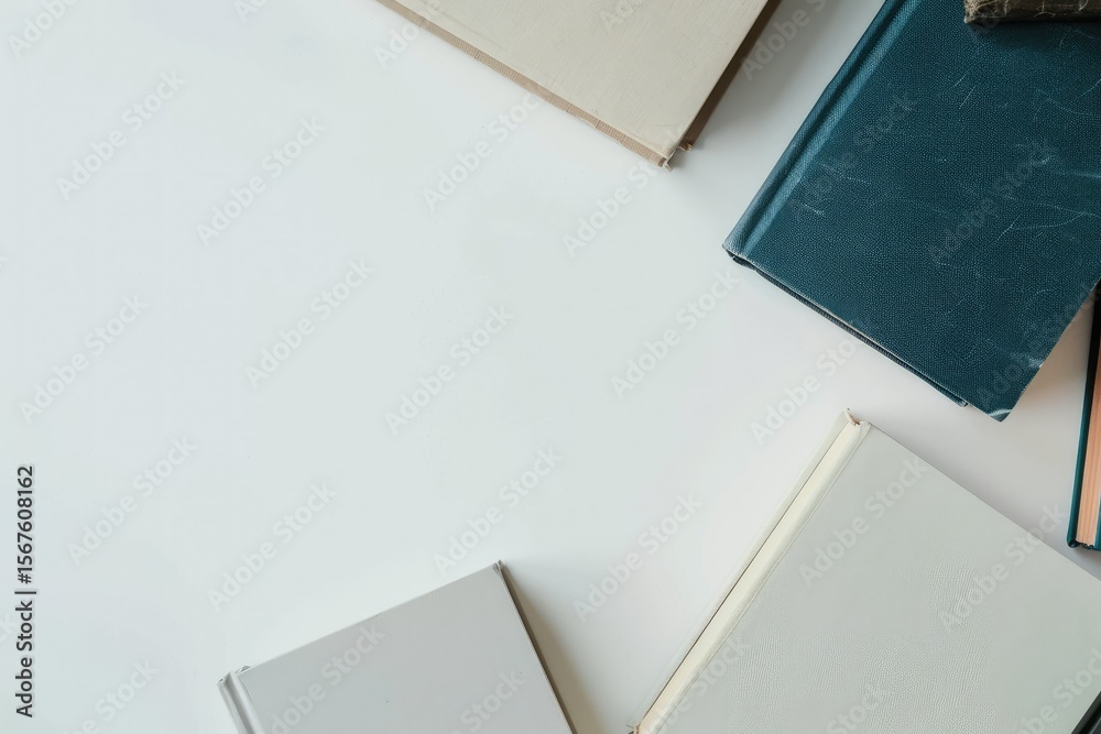 Fototapete sharp picture of high angle view of books on table against white background