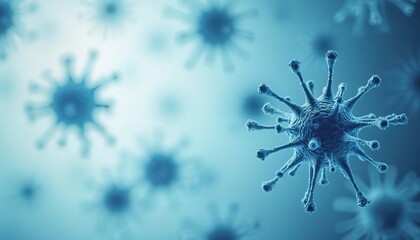 Microscopic viruses illustrated in blue hues. Close-up view of microorganisms with detailed spiky structures. Blurred background highlights cellular elements, suggesting research, infection themes.