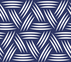 Striped geometric mesh with a modern design of thin white curved lines in the shape of vortexes on a blue background.  Seamless repeating pattern. Abstract vector illustration.