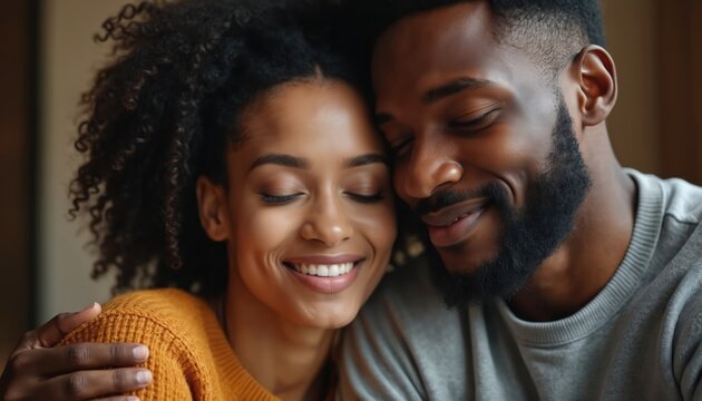 Black couple embraces during therapy session, sharing intimate moment of understanding, connection. Focus on emotional support, relationship growth, communication. Partners find comfort, build trust