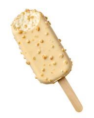 Caramel-nut ice pop with a bite taken out isolated on transparent background