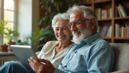 Smiling senior Indian couple enjoys video chat on tablet computer at home. Elderly man, woman connect with family using modern tech. Happy mature pair shares joyful moments, embracing digital