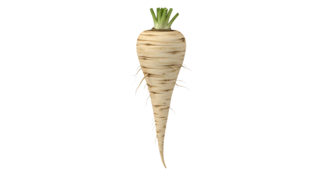 Isolated fresh parsnip root with green stem, a healthy addition to any dish