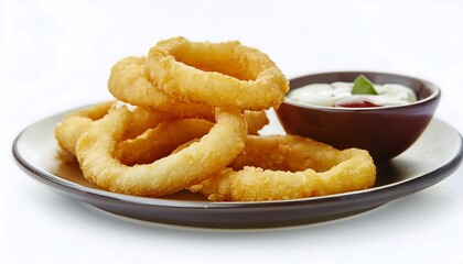 Golden-Brown Crispy Onion Rings with Ketchup Garnish on Rustic Wooden Plate