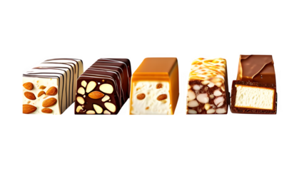 A row filled with different nougat flavors like almond, chocolate, caramel, and more, all set against a white background. Front view

