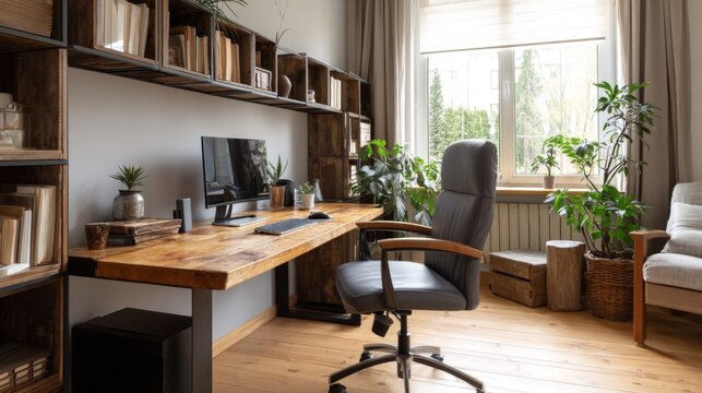 Rustic wooden desk with computer office chair and built in shelving in home office