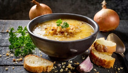 French onion soup served in a bowl garnished with croutons and herbs on rustic wooden table