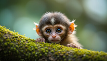 Fototapeta premium Adorable Baby Monkey Peeking Over a Mossy Tree Branch in the Jungle