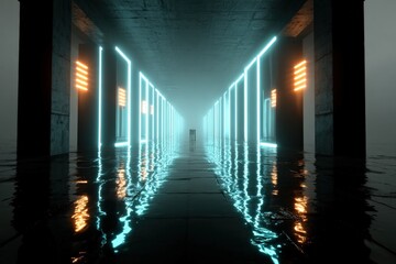 Futuristic Neon Light Tunnel with Reflective Wet Floor and Abstract Architecture Showing Modern Sci-Fi Environment Scene