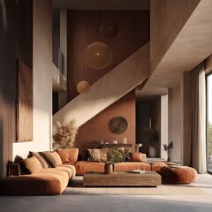 Modern, minimalist living room with warm tones