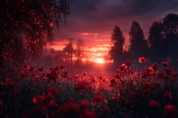Fototapeta premium Vibrant red poppies bloom under a dramatic sunset sky in a serene field during twilight hours near a tranquil forest