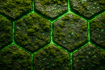 Futuristic Glowing Green Hex Grid Texture – Sci-Fi Technology, Bioluminescent Cells, Digital Gaming Interface