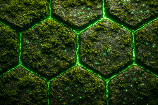 Futuristic Glowing Green Hex Grid Texture – Sci-Fi Technology, Bioluminescent Cells, Digital Gaming Interface