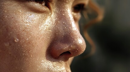 Close-up side profile of a sweaty person under natural sunlight, detailed skin texture and sweat droplets symbolizing intense summer heat and outdoor discomfort