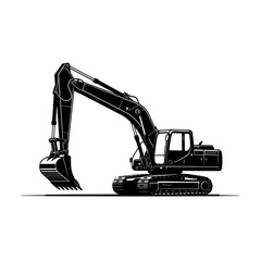 A powerful black and white illustration of a tracked excavator, ready for work.