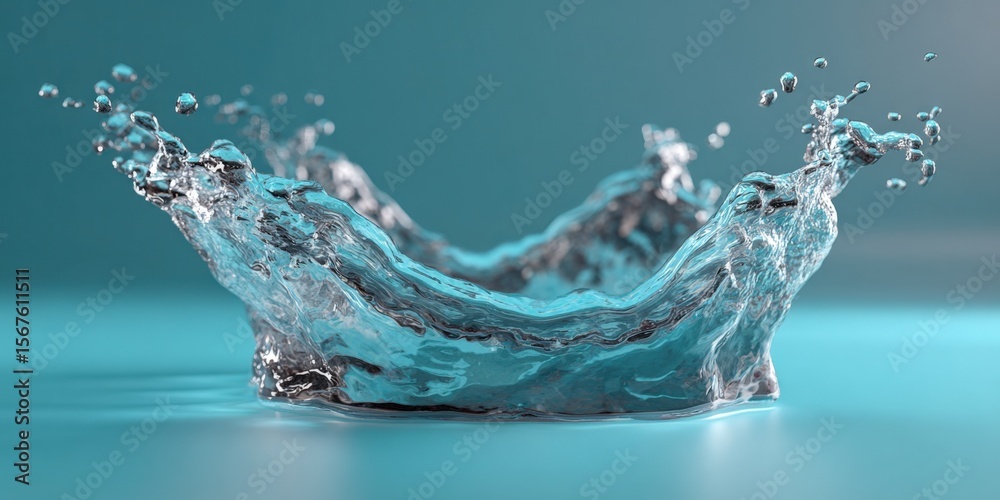 Poster Close-up of a water splash with droplets captured mid-air on a smooth blue background emphasizing fluidity and movement in nature
