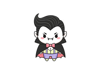 Adorable cartoon vampire boy, Halloween costume, cute fangs, bow tie.