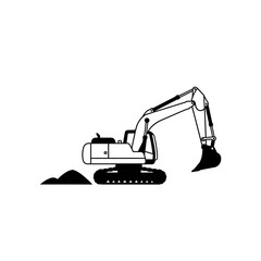 Black and white illustration of an excavator next to a pile of dirt.