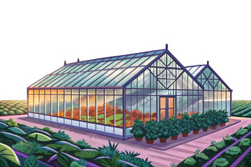 Obraz premium Greenhouse Farm with Glass Structures and Crops Inside cartoon vector Modern Sustainable Farming