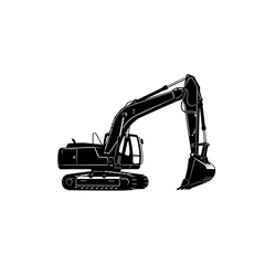 A black silhouette of a powerful excavator, ready for work, its bucket poised.