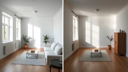 Minimalist room interior transformation shown in a side-by-side comparison with natural lighting and simple design.