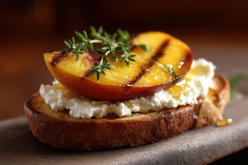 Grilled peach and ricotta on toast with fresh thyme and honey drizzle